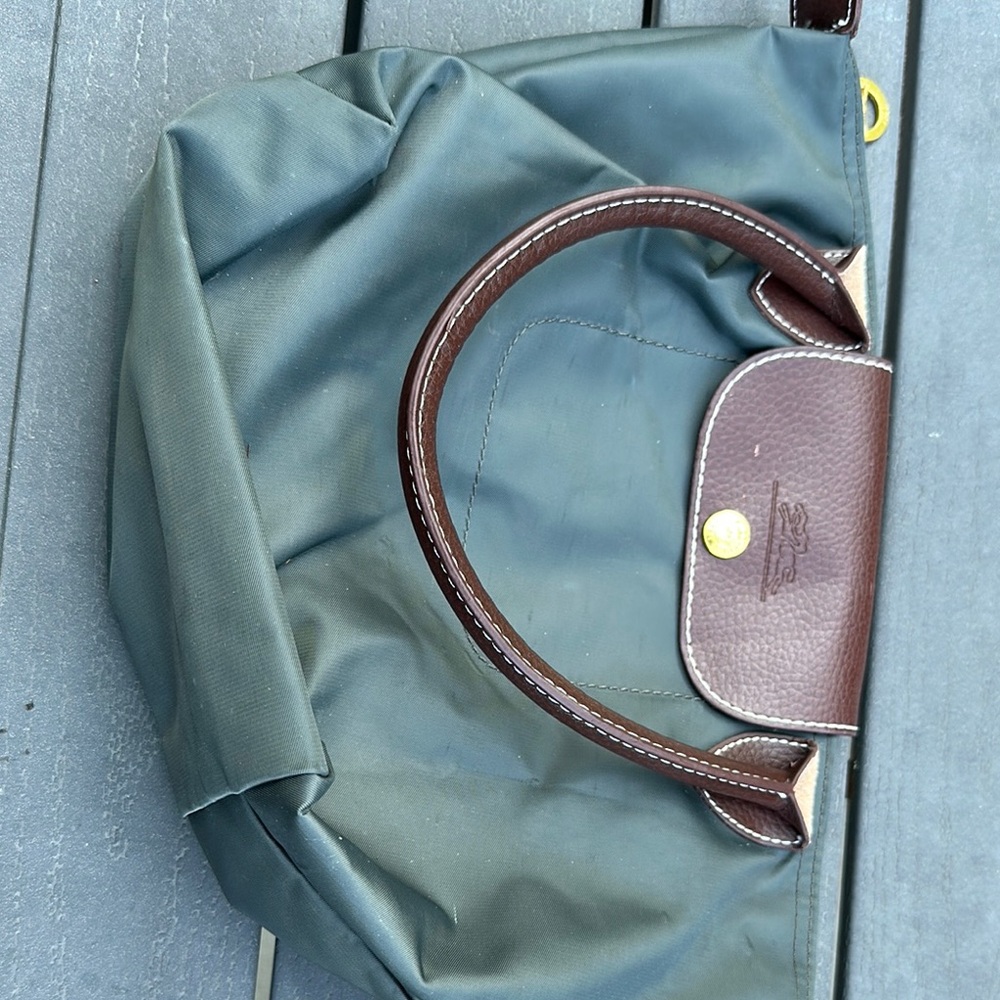 Longchamp Small Dark Green Nylon Tote with Brown Leather Trim